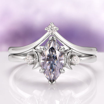 Gray Moissanite Crescent Moon Couples Ring Set
