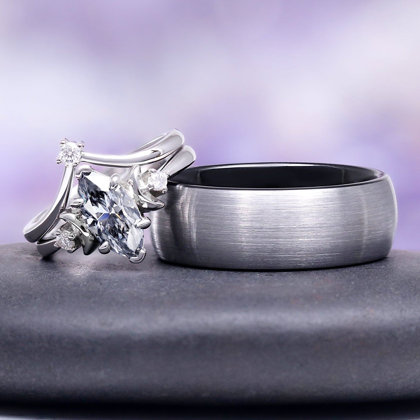 Gray Moissanite Crescent Moon Couples Ring Set