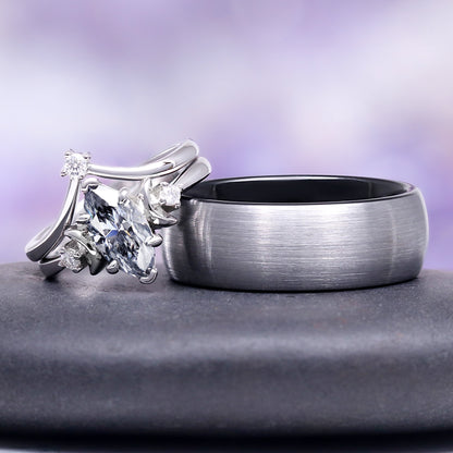 Gray Moissanite Crescent Moon Couples Ring Set