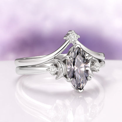 Gray Moissanite Crescent Moon Couples Ring Set
