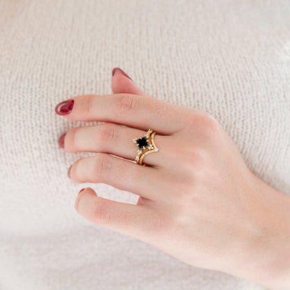 Black Onyx & Meteorite Gold Leaf Couples Ring Set