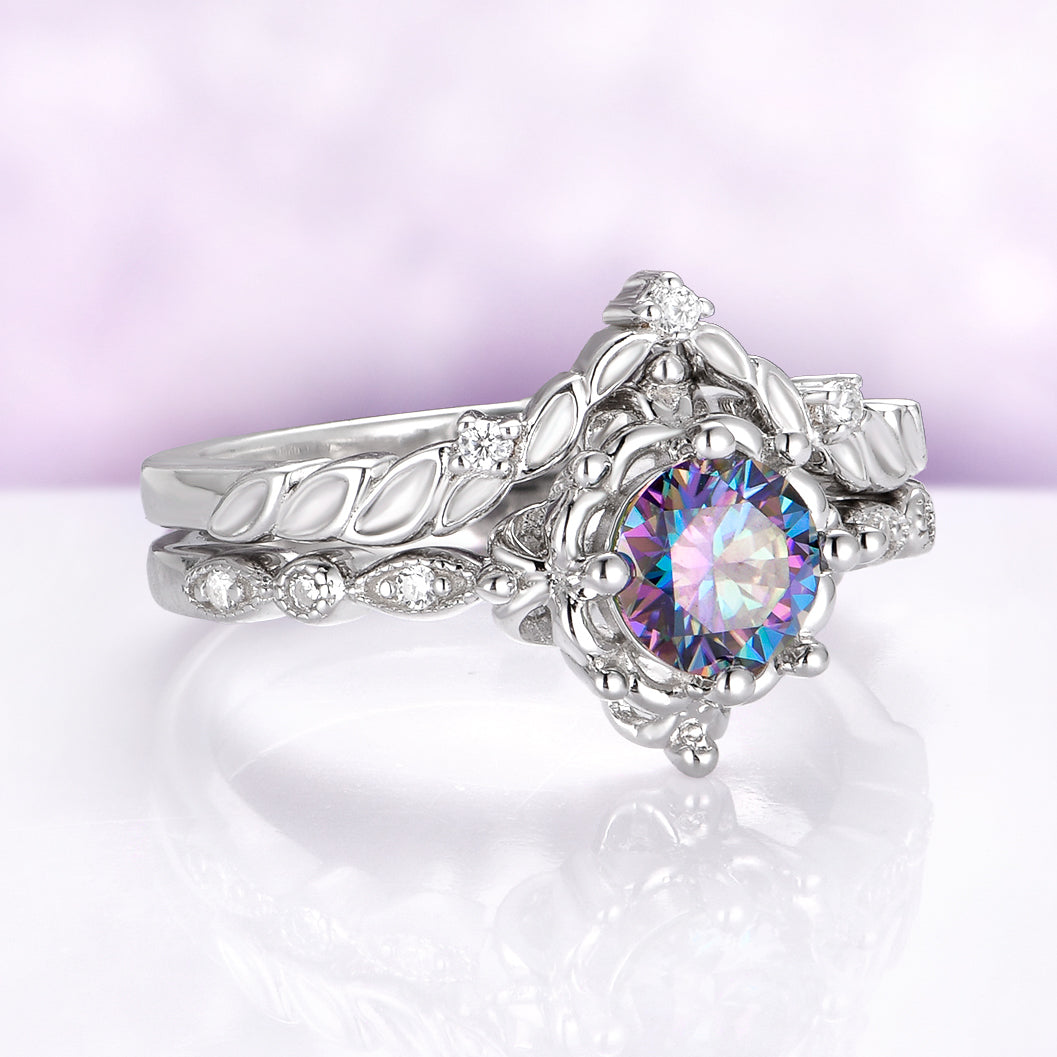 Mystical Fairy Rainbow Moissanite Couples Ring Set