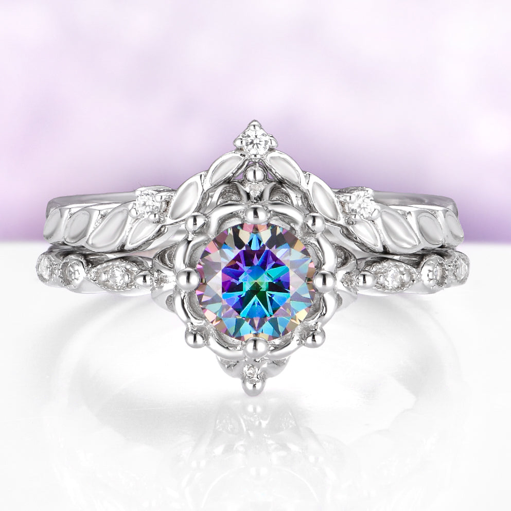 Mystical Fairy Rainbow Moissanite Couples Ring Set