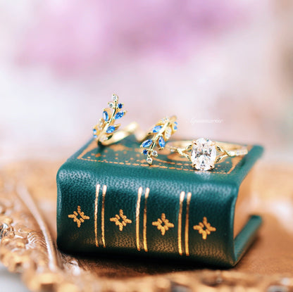 Blue Sapphire & Simulated Diamond Gold Leaf Couples Ring Set