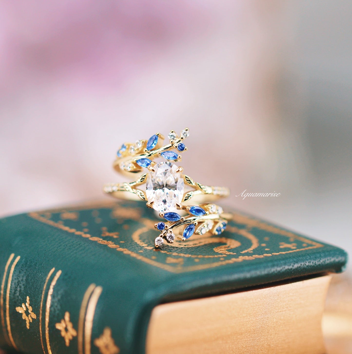 Blue Sapphire & Simulated Diamond Gold Leaf Couples Ring Set
