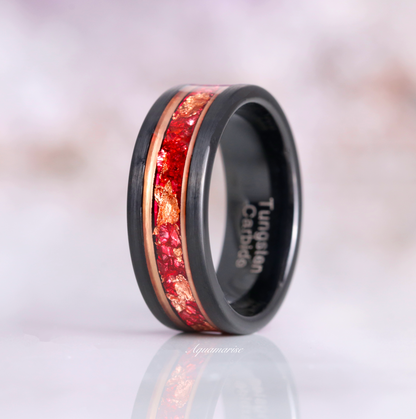 Coffin Cut Ruby and Rose Gold Leaf Couples Ring Set