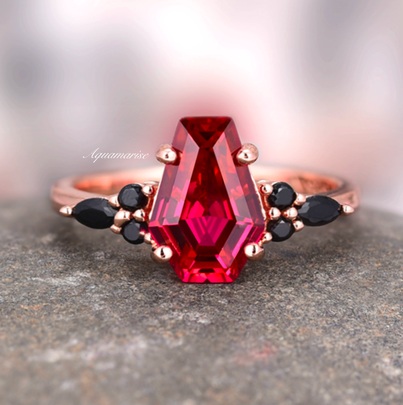 Coffin Cut Ruby and Rose Gold Leaf Couples Ring Set