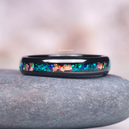 Peacock Fire Opal & Rose Gold Leaf Couples Ring Set