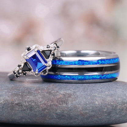 Blue Sapphire, Black Onyx  & Fire Opal Couples Ring Set