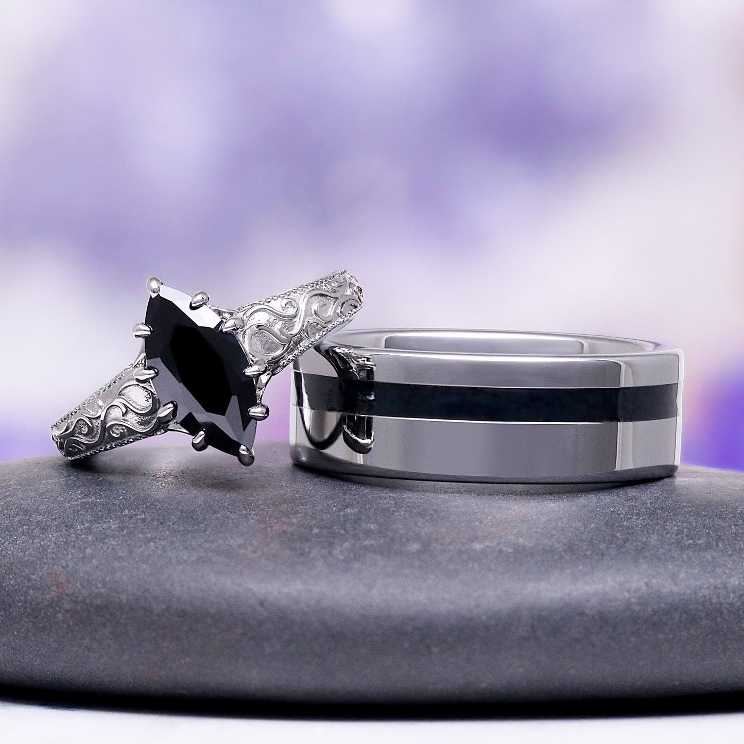 Gothic Victorian Black Onyx Couples Ring Set