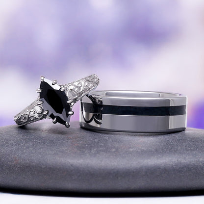 Gothic Victorian Black Onyx Couples Ring Set