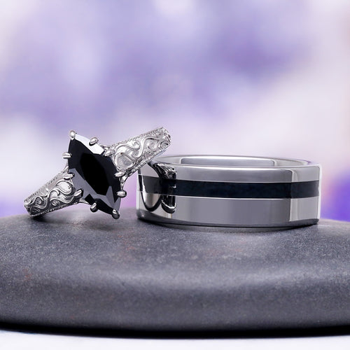 Gothic Victorian Black Onyx Couples Ring Set
