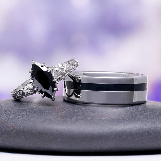 Gothic Victorian Black Onyx Couples Ring Set