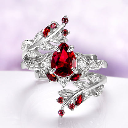 Wisteria Natural Red Garnet Leaf Couples Ring Set