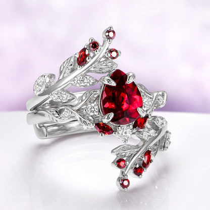 Wisteria Natural Red Garnet Leaf Couples Ring Set