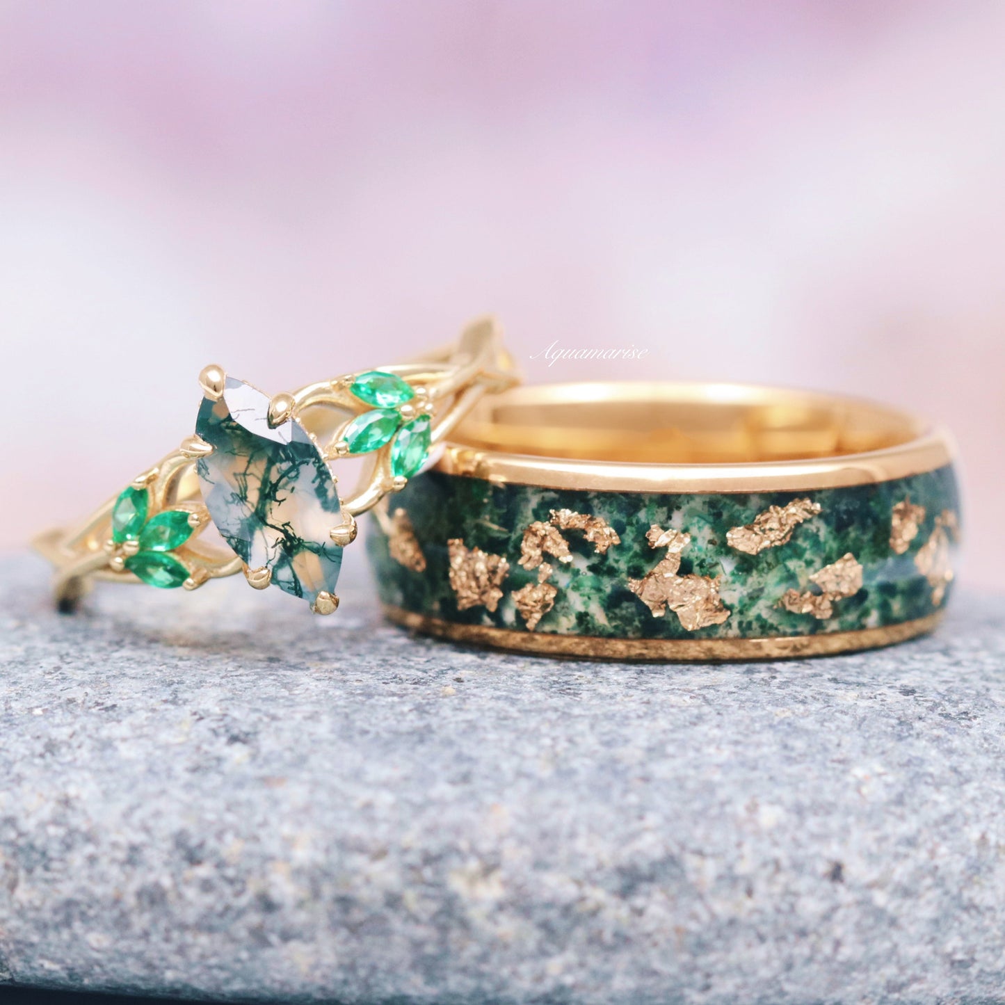 Celtic Knot Moss Agate & Gold Leaf Couples Ring Set