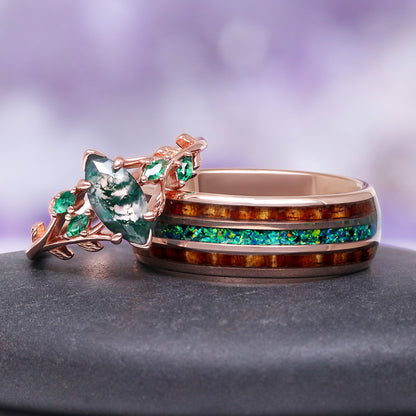 Moss Agate, Peacock Opal & Whiskey Barrel Wood Couples Ring Set