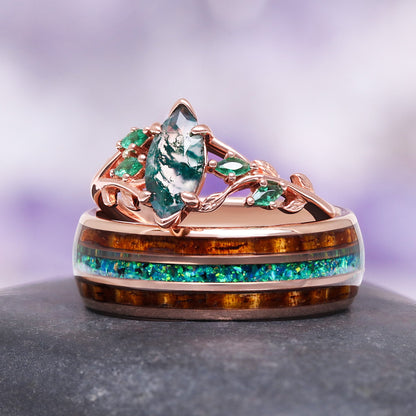 Moss Agate, Peacock Opal & Whiskey Barrel Wood Couples Ring Set