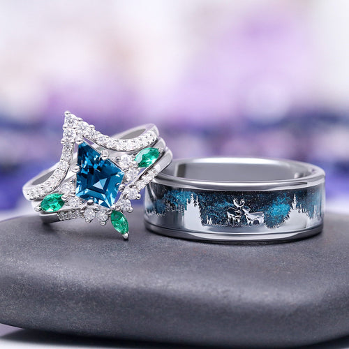 Skye Kite® London Blue Topaz & Emerald Deer Couples Ring Set