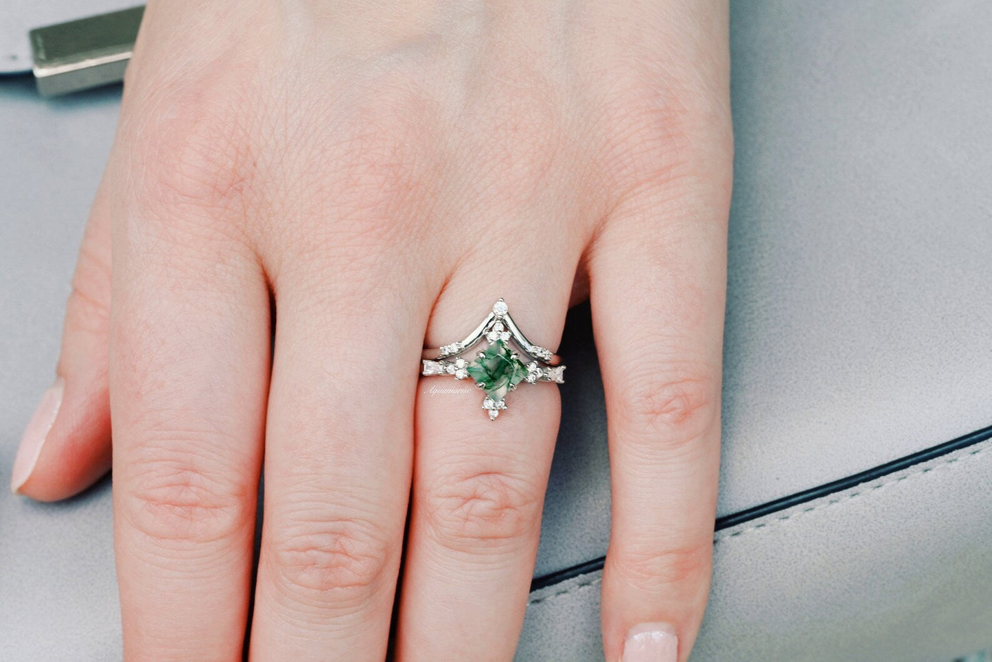 Rustic Moss Agate Couples Ring Set