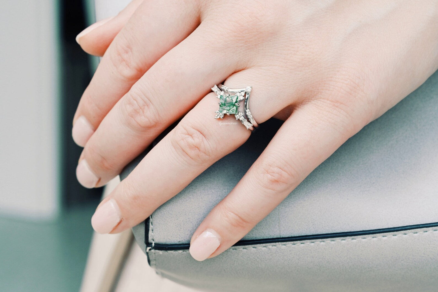 Rustic Moss Agate Couples Ring Set