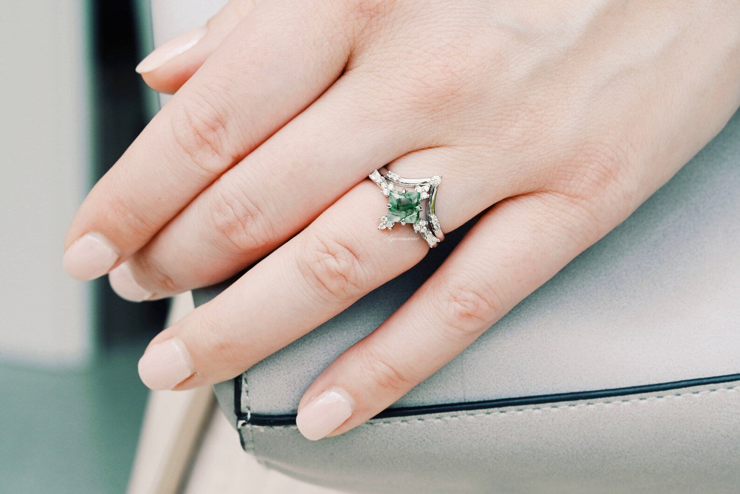 Rustic Moss Agate Couples Ring Set