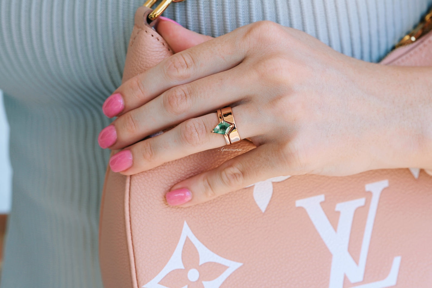 Kite Cut Green Moss Agate Couples Ring Set