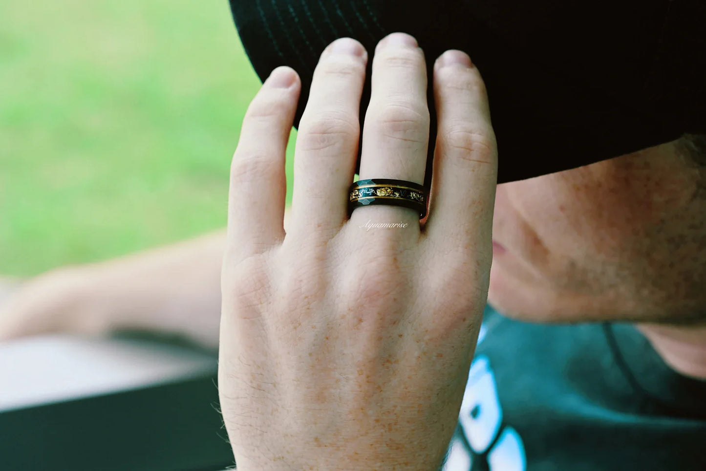 Black Onyx & Meteorite Gold Leaf Couples Ring Set