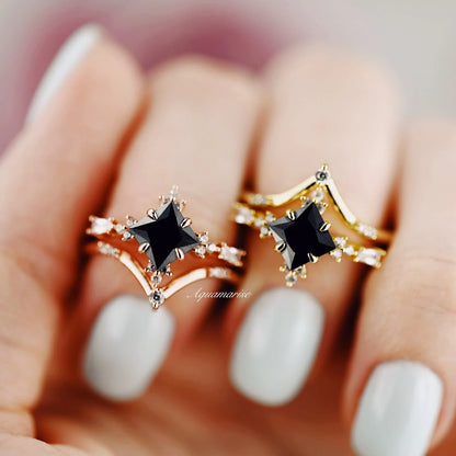 Black Onyx & Meteorite Gold Leaf Couples Ring Set