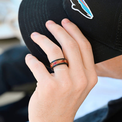 Coffin Cut Ruby and Rose Gold Leaf Couples Ring Set