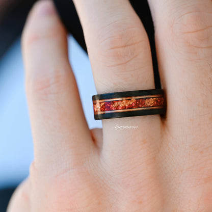 Coffin Cut Ruby and Rose Gold Leaf Couples Ring Set