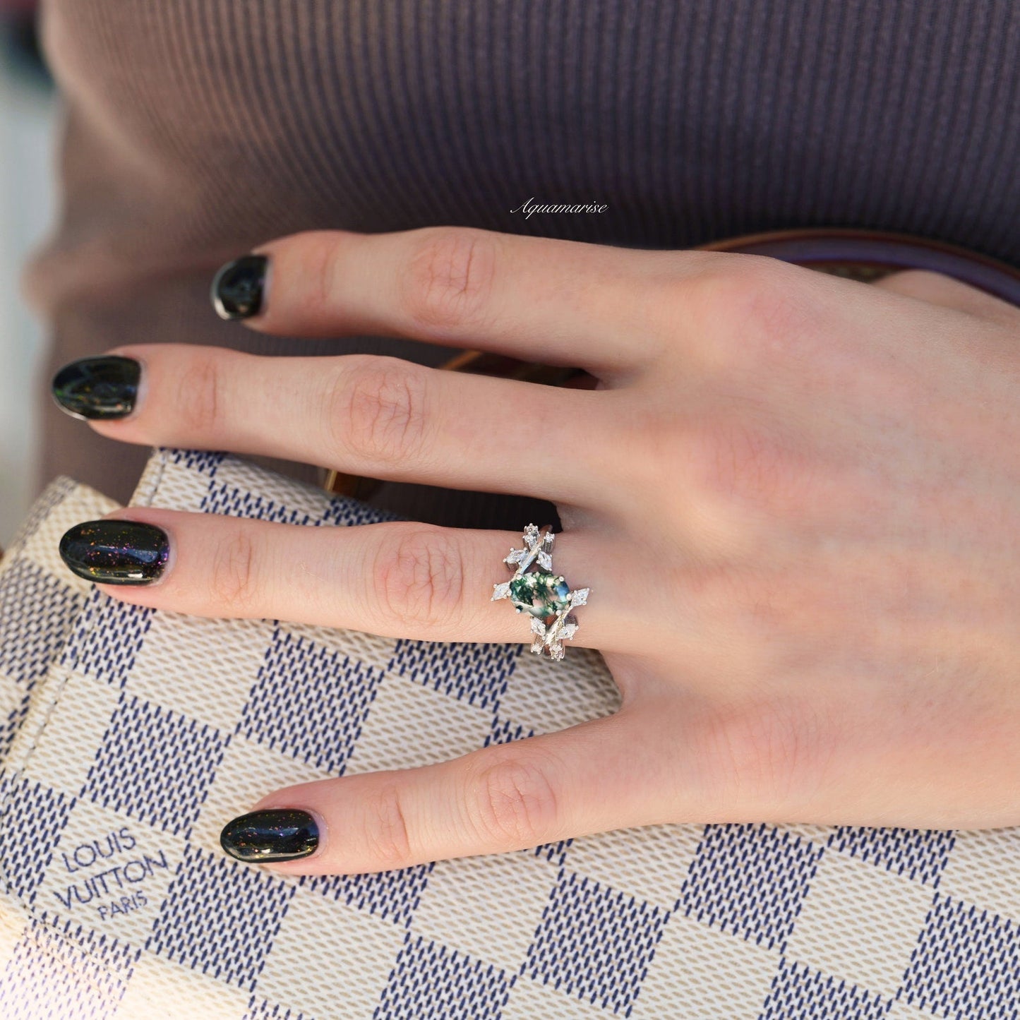 Moss Agate Leaf Couples Ring Set