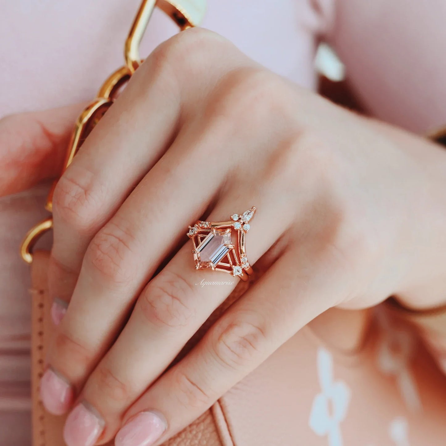 Celtic Hexagon Morganite Couples Ring Set