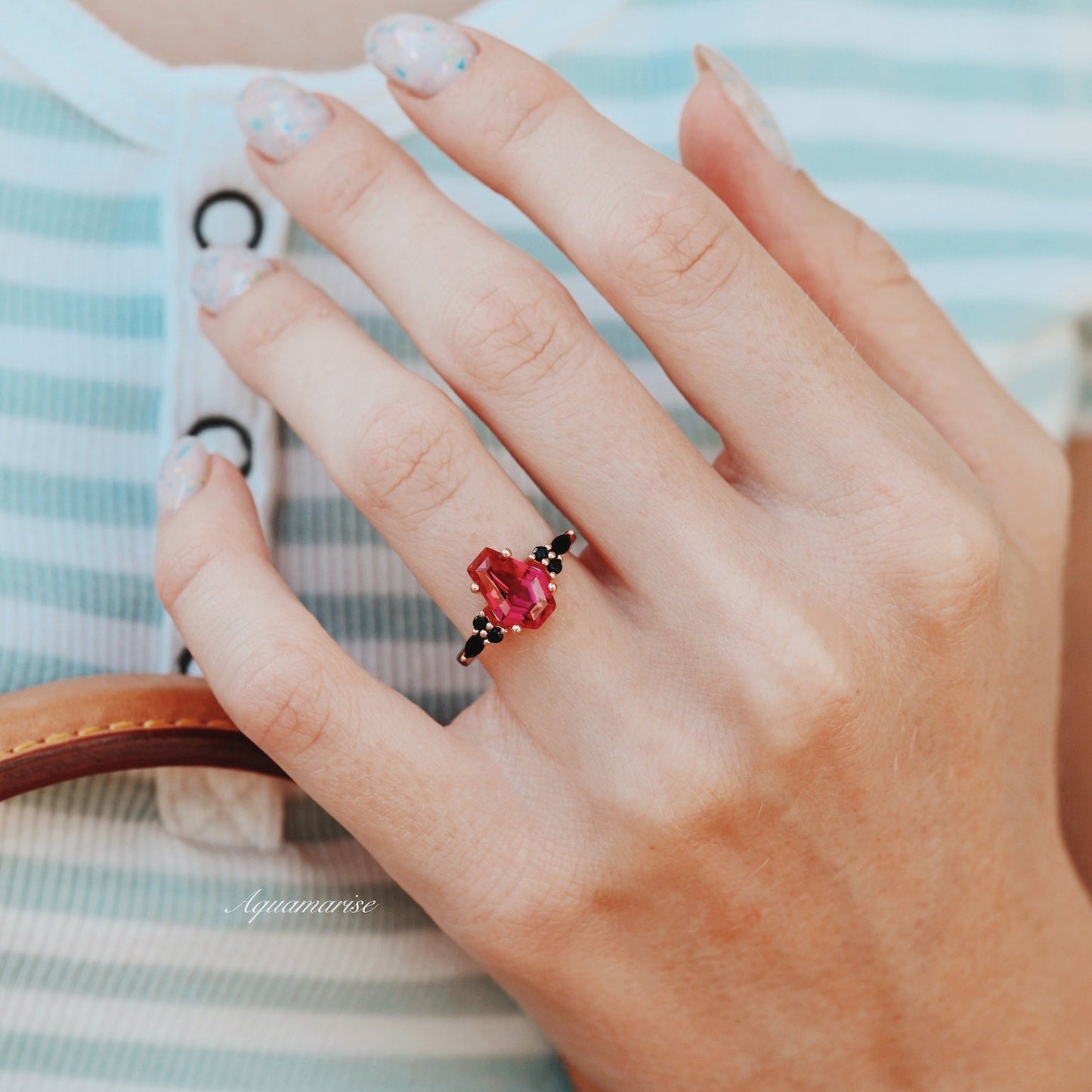 Coffin Cut Ruby and Rose Gold Leaf Couples Ring Set