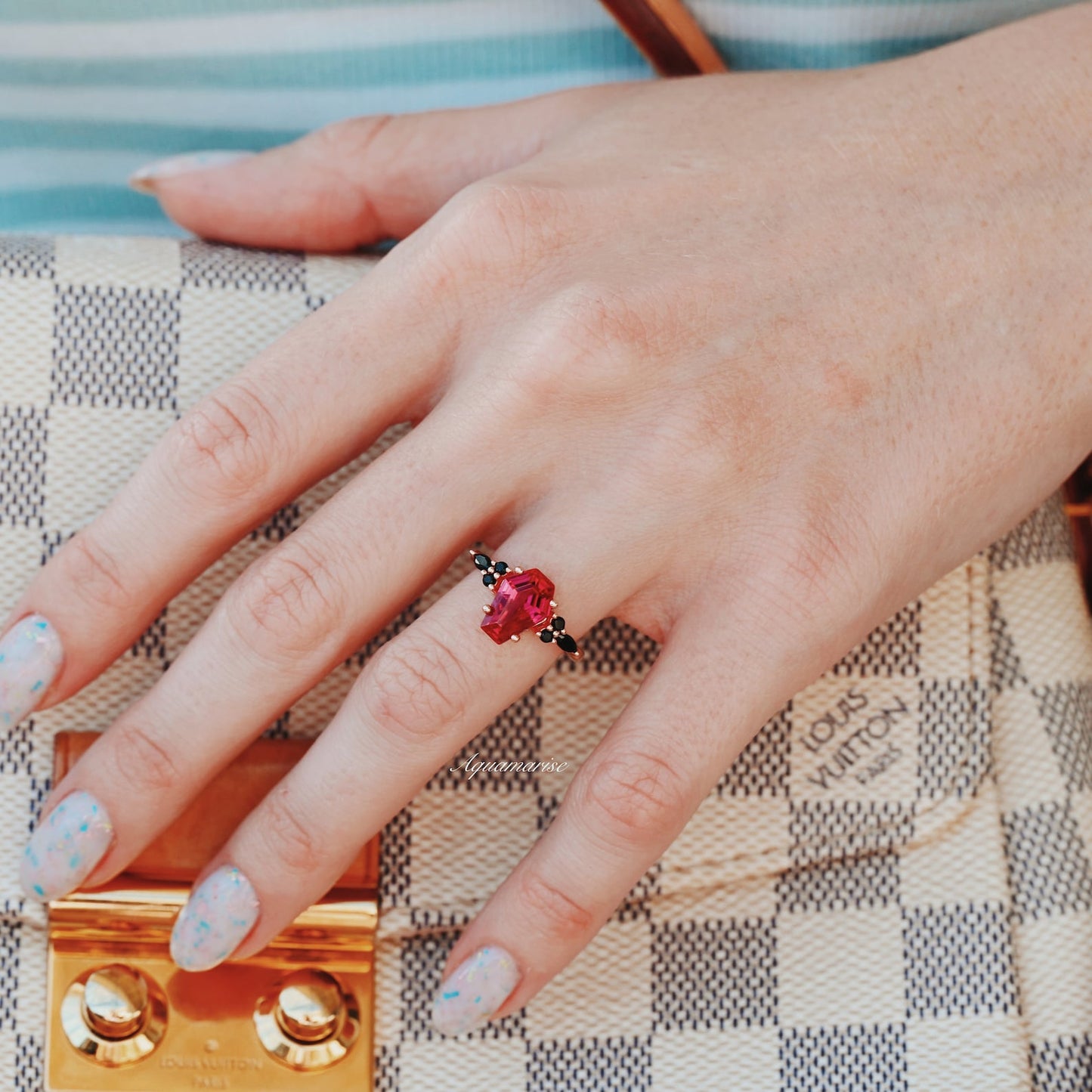 Coffin Cut Ruby and Rose Gold Leaf Couples Ring Set