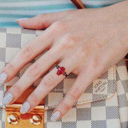 Coffin Cut Ruby and Rose Gold Leaf Couples Ring Set