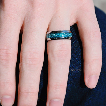 Minimalist Crushed Aquamarine Couples Ring Set