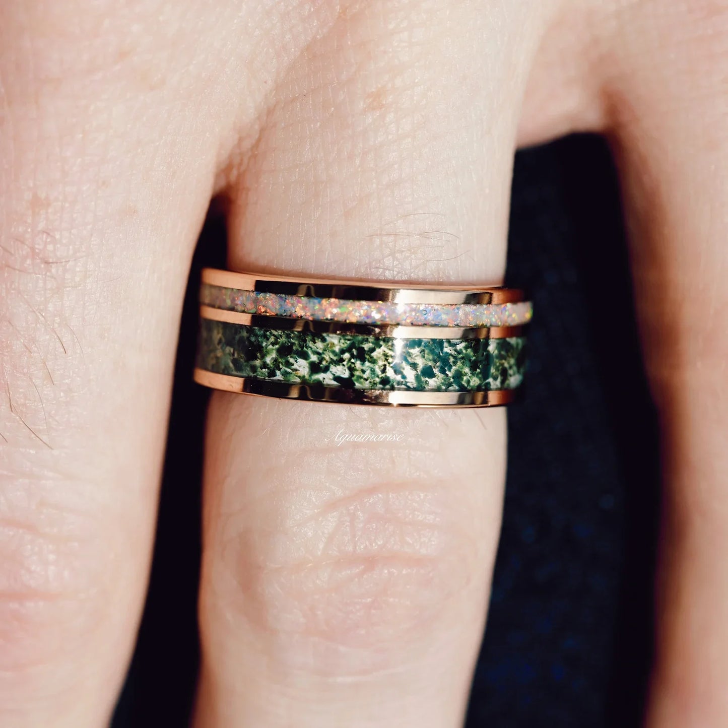 Moss Agate & Fire Opal Couples Ring Set
