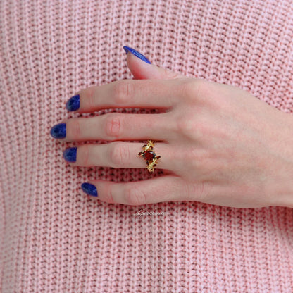 Natural Garnet & Red Fire Opal Leaf Couples Ring Set
