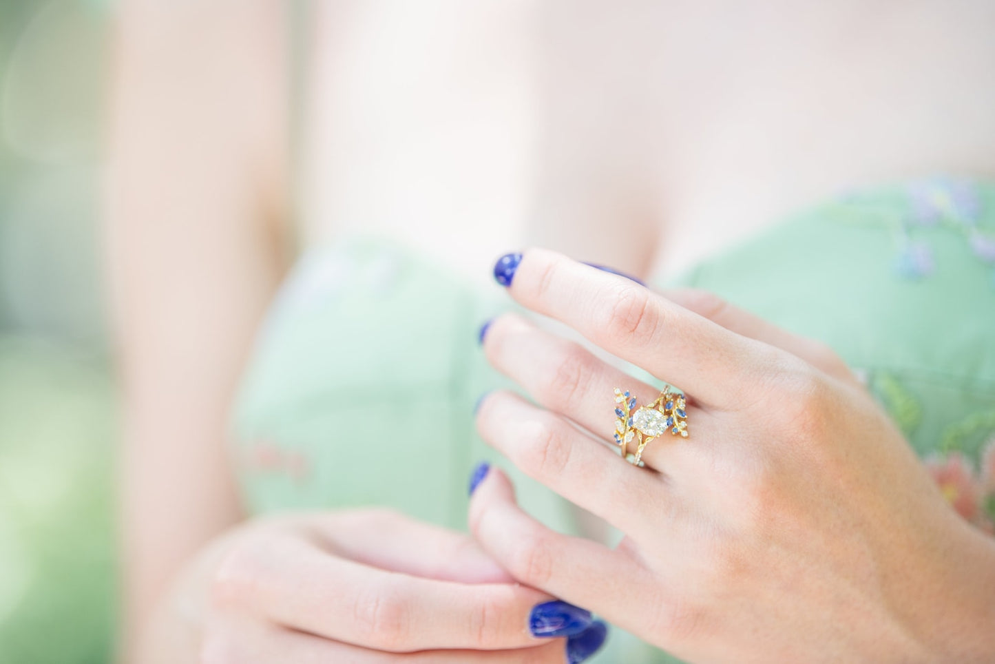 Blue Sapphire & Simulated Diamond Gold Leaf Couples Ring Set