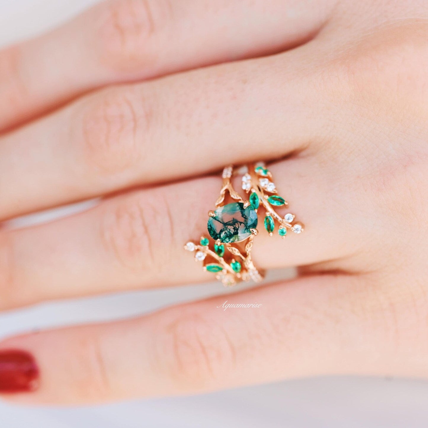 Green Fire Opal & Moss Agate Leaf Couples Ring Set