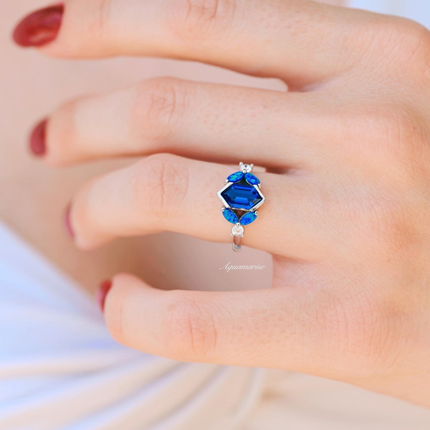 Blue Fire Opal & Sapphire Couples Ring Set