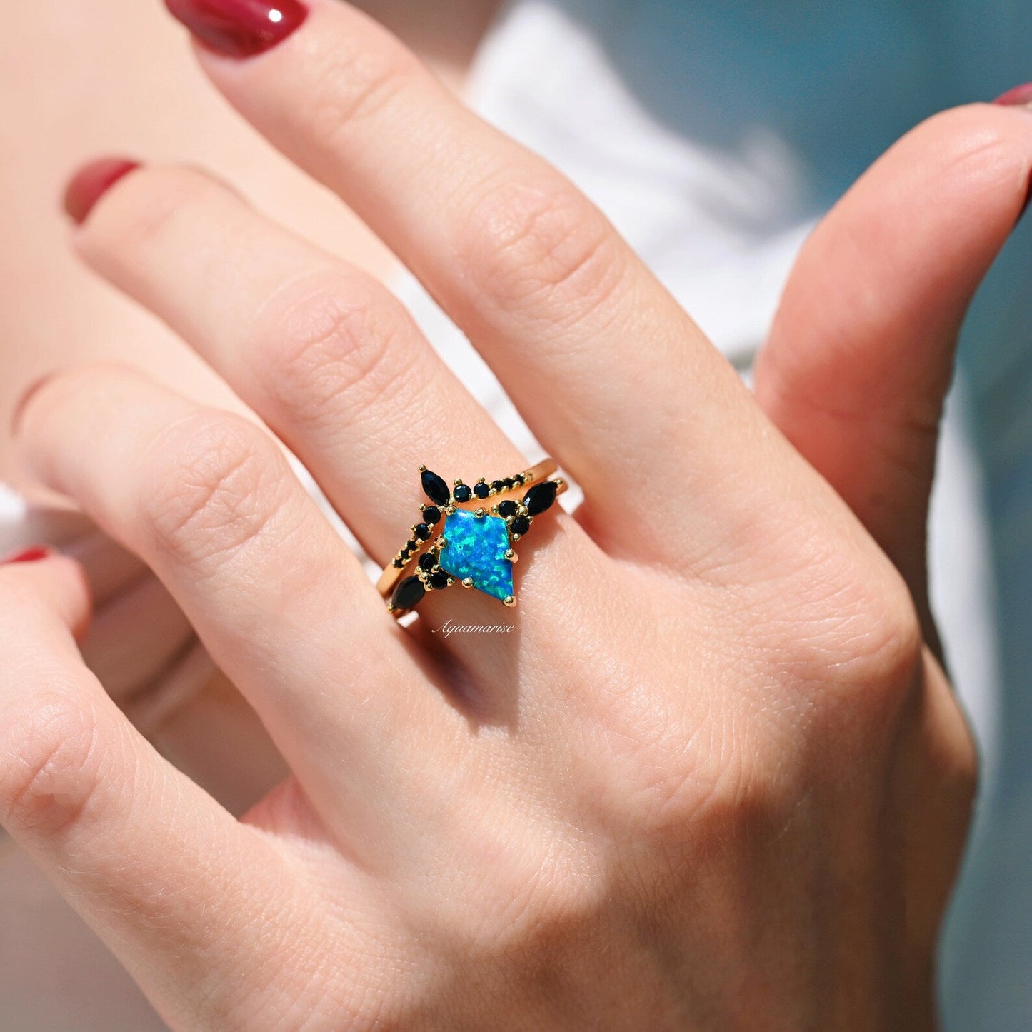 Skye Kite® Blue Fire Opal, Meteorite & Starry Night Couples Ring Set