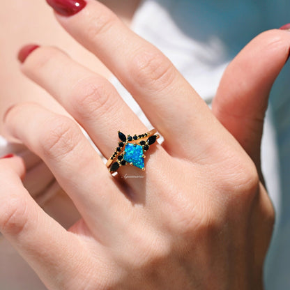 Skye Kite® Blue Fire Opal, Meteorite & Starry Night Couples Ring Set