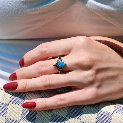 Skye Kite® Blue Fire Opal, Meteorite & Starry Night Couples Ring Set