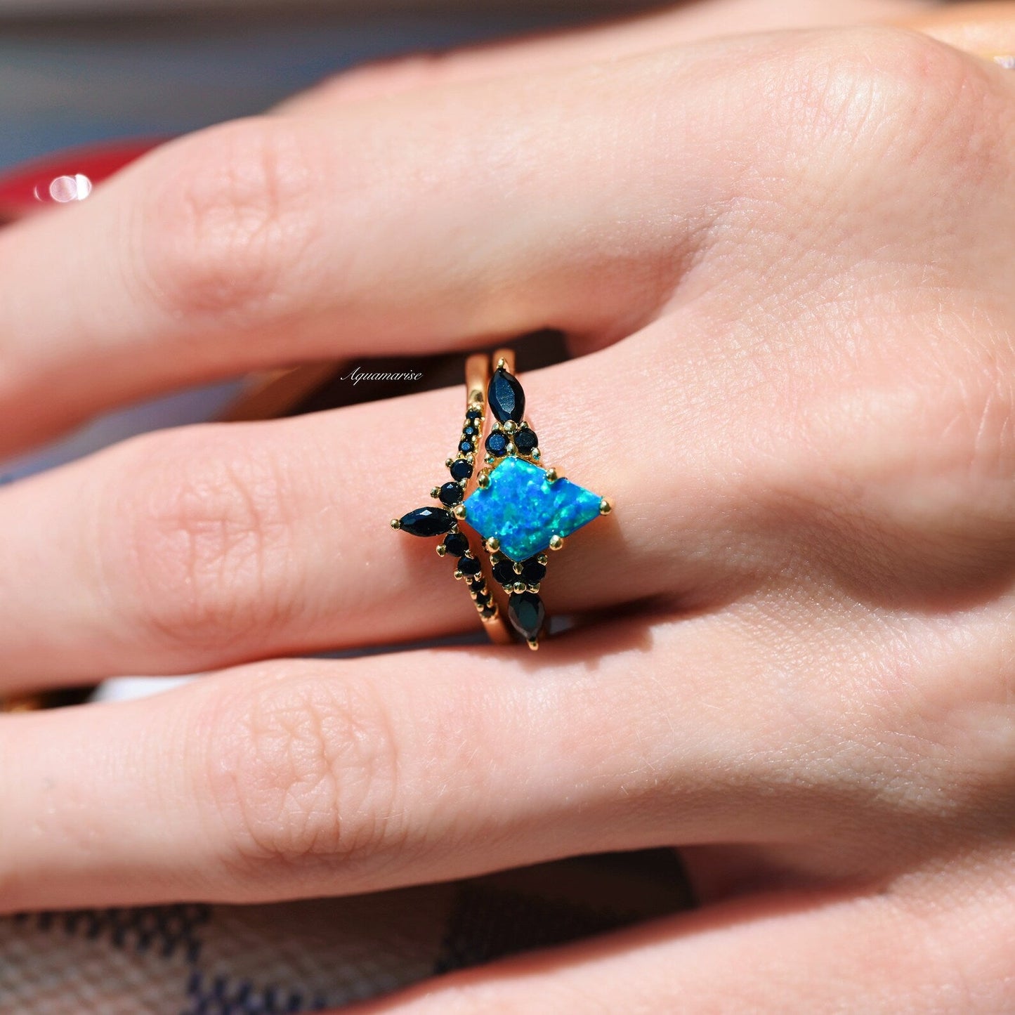 Skye Kite® Blue Fire Opal, Meteorite & Starry Night Couples Ring Set