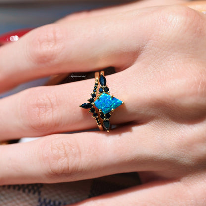 Skye Kite® Blue Fire Opal, Meteorite & Starry Night Couples Ring Set