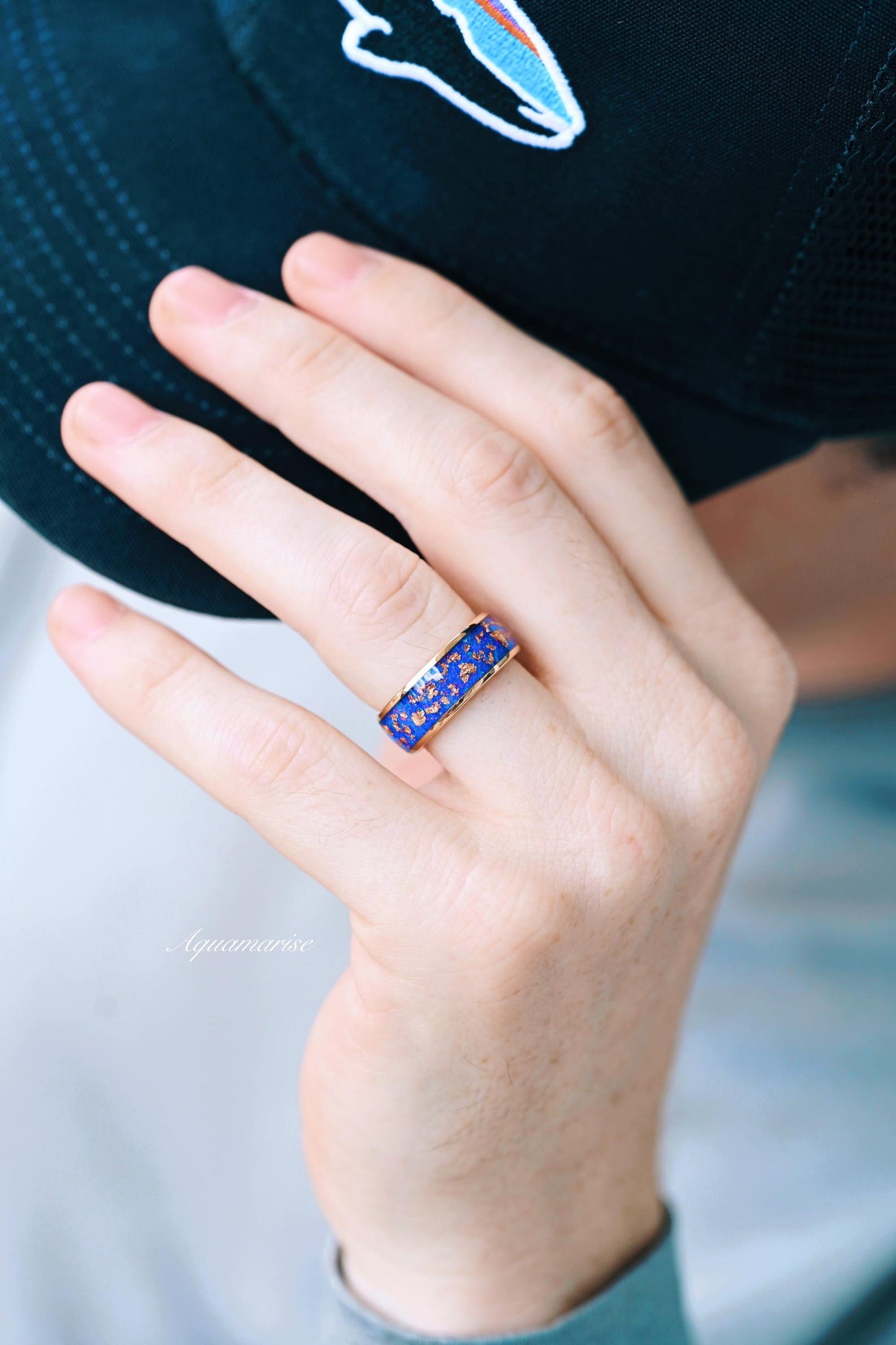 Starry Night Van Gogh Fire Opal & Rose Gold Leaf Couples Ring Set