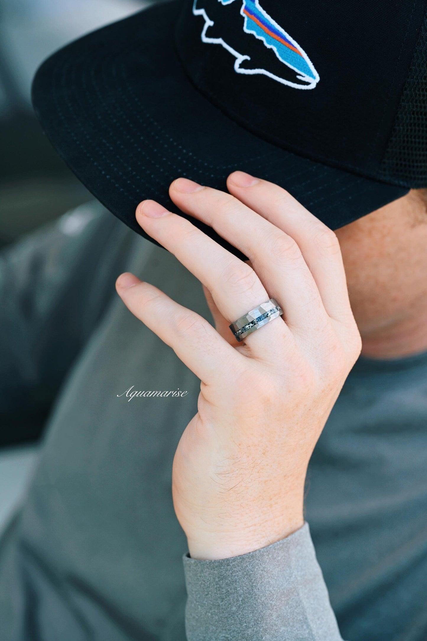 Galaxy Salt and Pepper (Herkimer) Diamond & Meteorite Couples Ring Set