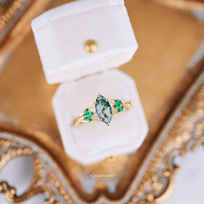 Celtic Knot Moss Agate & Gold Leaf Couples Ring Set